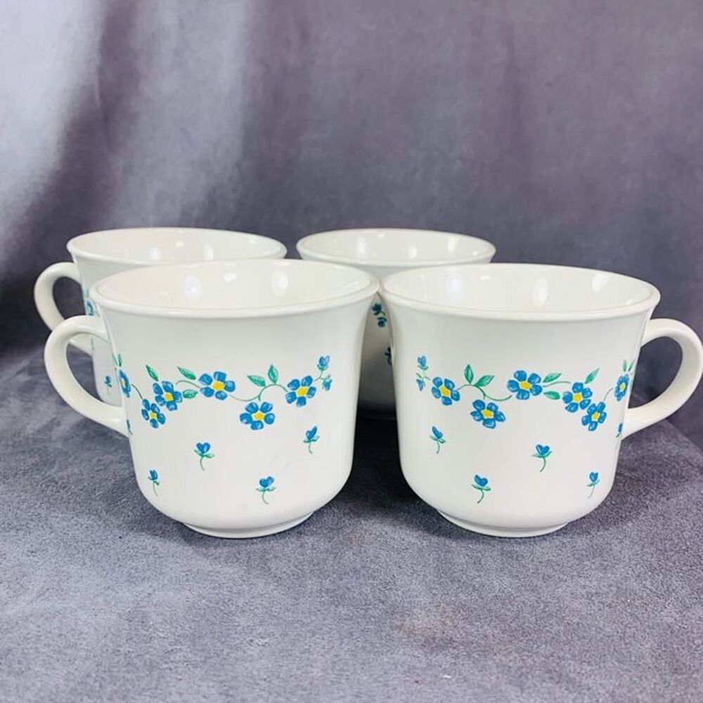 Corning Forget Me Not Mugs Set Of 4 Vintage Retro Floral Round Coffee, Tea, cups